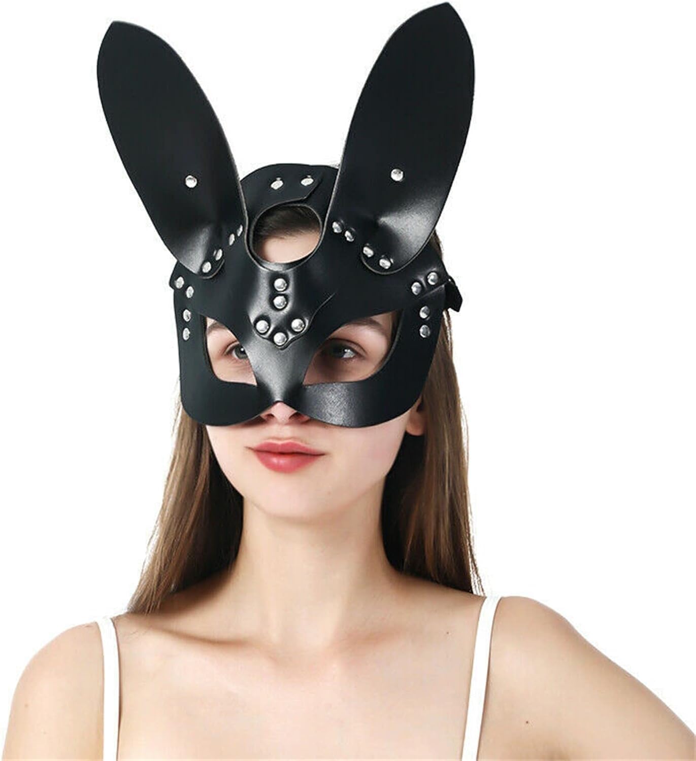 Lyxaof Woman Leather Cat Bunny Mask Black Half Face Animal Eyemask Cosplay Costume Props Halloween Christmas Party Masquerade Mardi Gras Carnival Accessories