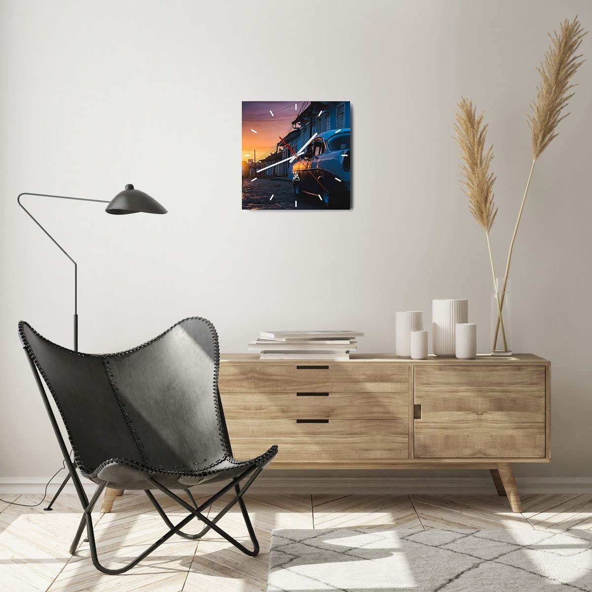 ARTTOR Zegar ścienny na szkle ulica samochód dom Nowoczesny 30x30 cm Dekoracja ścienna Salon Sypialnia Kuchnia Deko Cichy zegar na ścianę Duży Wall Clock Dekor C3AC30x30-3459