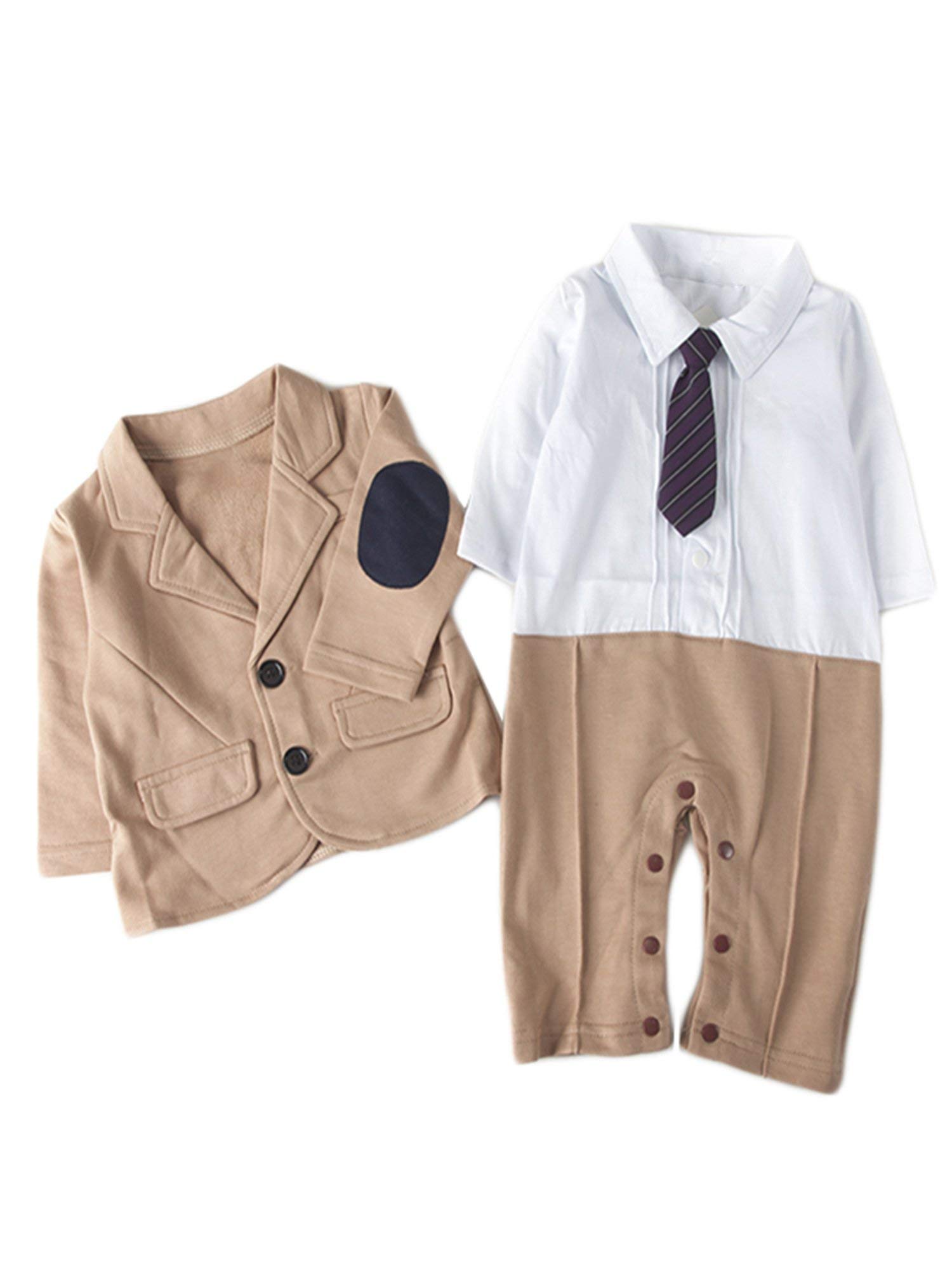 Bilo Baby Boys Blazer Long Sleeves Gentleman Romper with Necktie Outfit 2 Pieces Sets Khaki