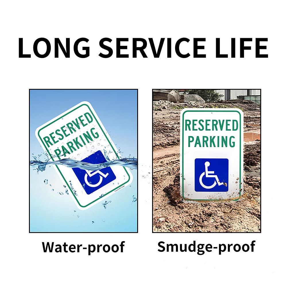 Paquete de 4 letreros grandes de estacionamiento reservado, letrero de estacionamiento para discapacitados, 18 x 12 pulgadas, aluminio .040 libre de óxido, reflectante, protección UV y resistente a la