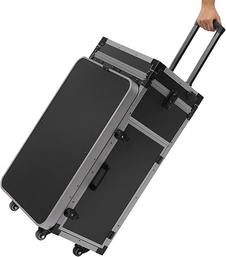 Miniatura 3 de Estuche de maquillaje grande con ruedas para profesionales, organizador de cosméticos móvil de 4 ruedas con mesa de belleza plegable, luces LED