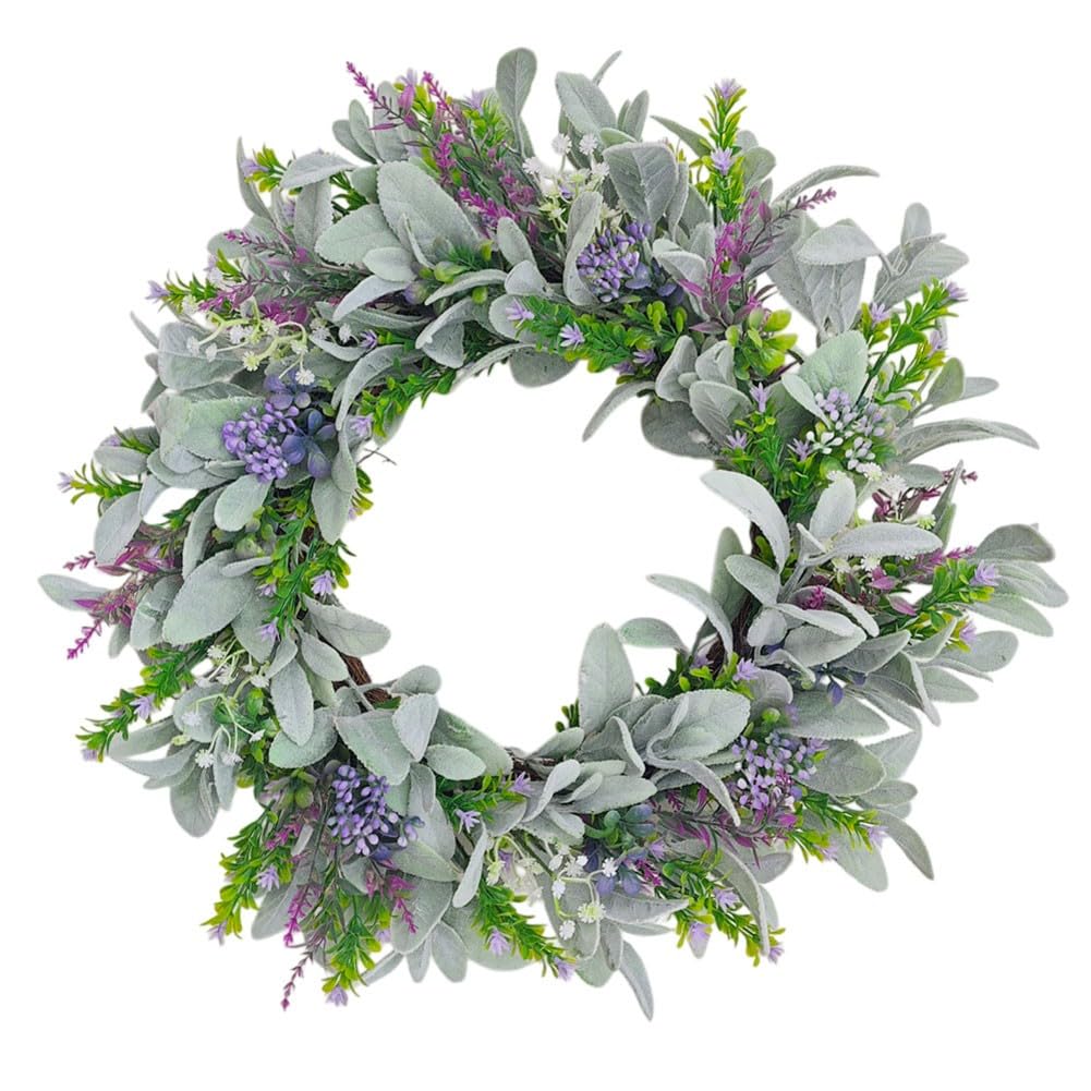 Ghirlanda di eucalipto artificiale, 45 cm, con lavanda, parte anteriore | Ghirlanda di eucalipto artificiale da 45 cm con accenti di lavanda, parte anteriore verde per decorazione porta per ingresso