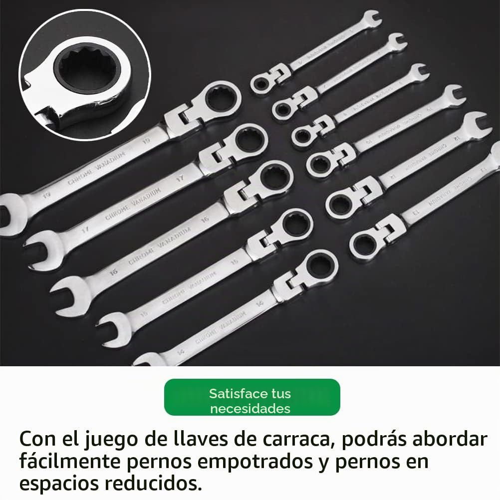 12 Piezas Juego de Llaves Combinadas Flexible, 8~19 Mm Juego de Llaves Carraca Métricas, Acero Al Cromo Vanadio, Cabeza Giratoria De 180°, Arco de Rotación de 5°, con Bolsa