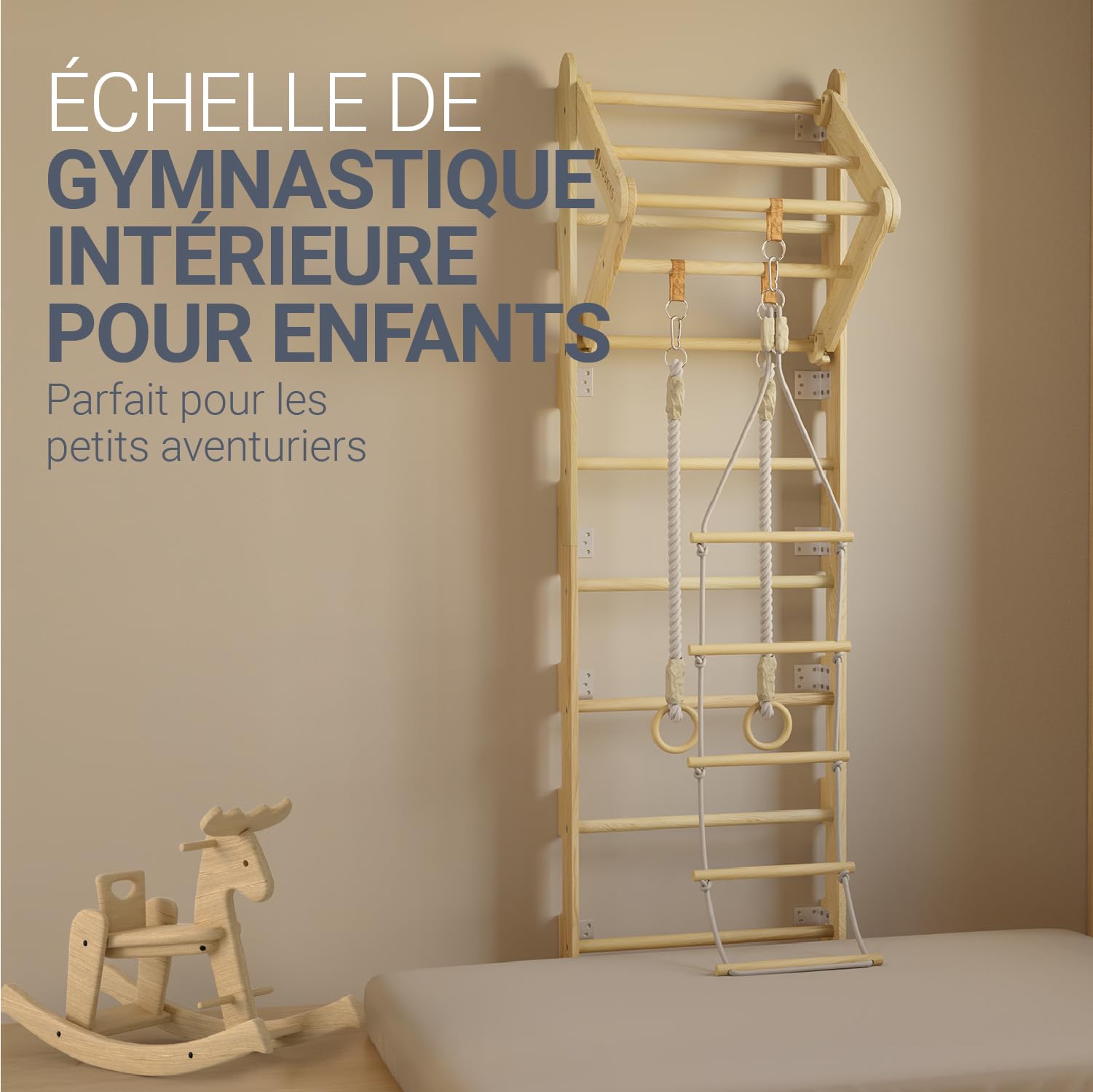 Juskys Espalier pour Enfants - avec Barre de Traction, Structure d'escalade intérieure avec Anneaux de Gymnastique et échelle de Corde, Mur d'escalade pour Chambre d'enfant, Barre de Sport