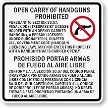 Bilingual Texas Gun Law Sign: Section 30.07 Open Carry of Handguns Prohibited - Square Metal Tin Sign - 12x12 Inch Safety and Warning Notice for Residential, Commercial, and Industrial Use