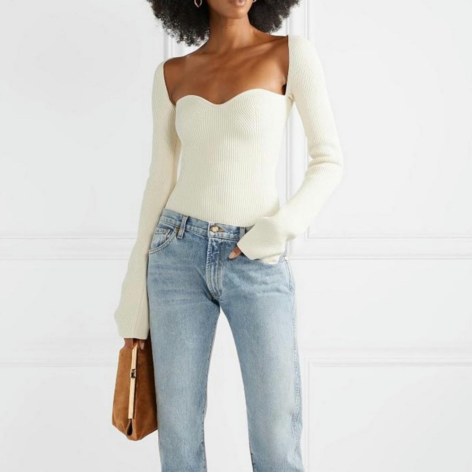 TEidea Rebeca Mujer Verano Autumn Fashion: Suéter De Punto Dividido De Lado Blanco con Cuello Cuadrado Y Mangas Largas para Mujeres-Blanco-S