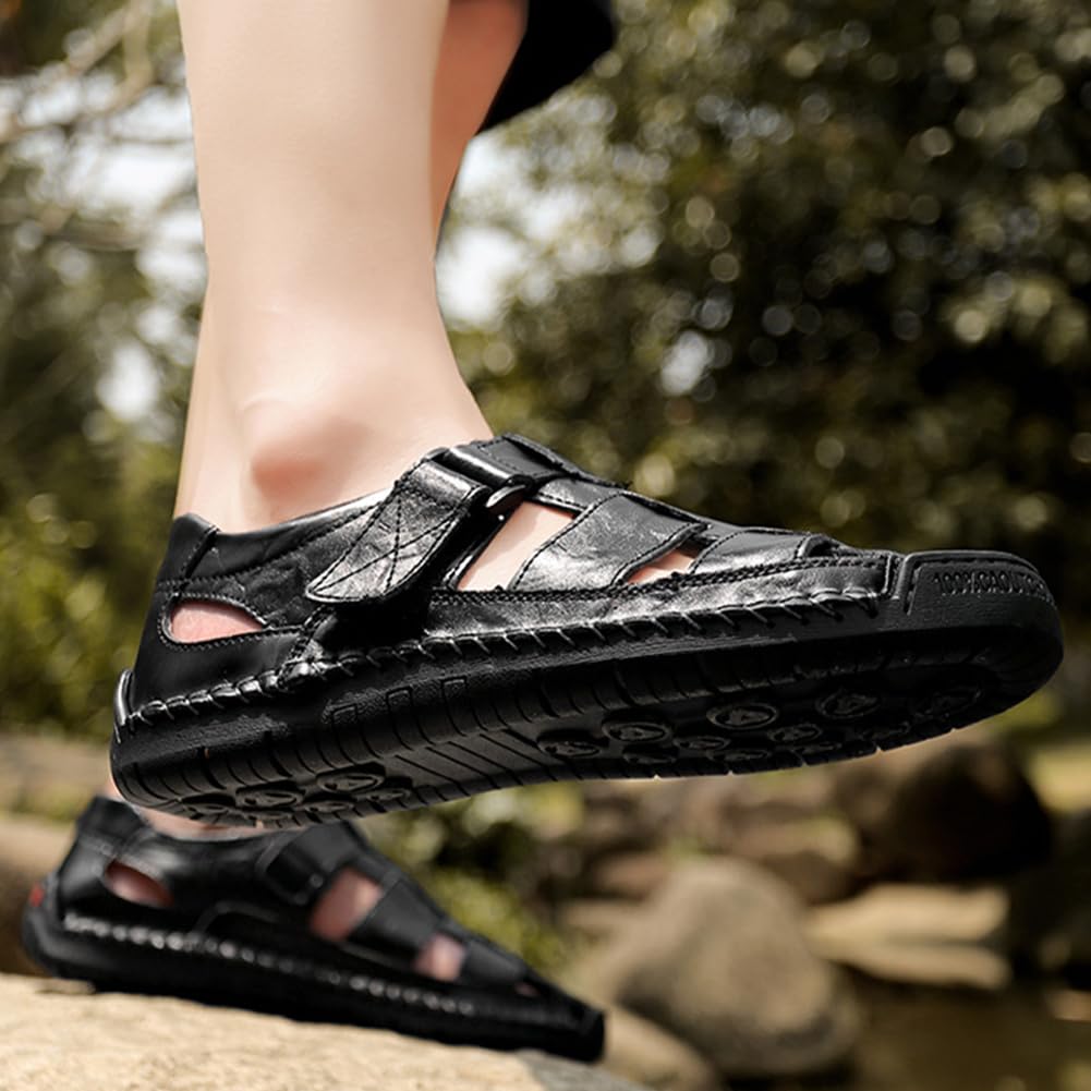 Sandali da uomo in pelle con punta chiusa, sandali ortopedici estivi traforati, traspiranti cuciti a mano, scarpe da pescatore per passeggiate, escursionismo, spiaggia