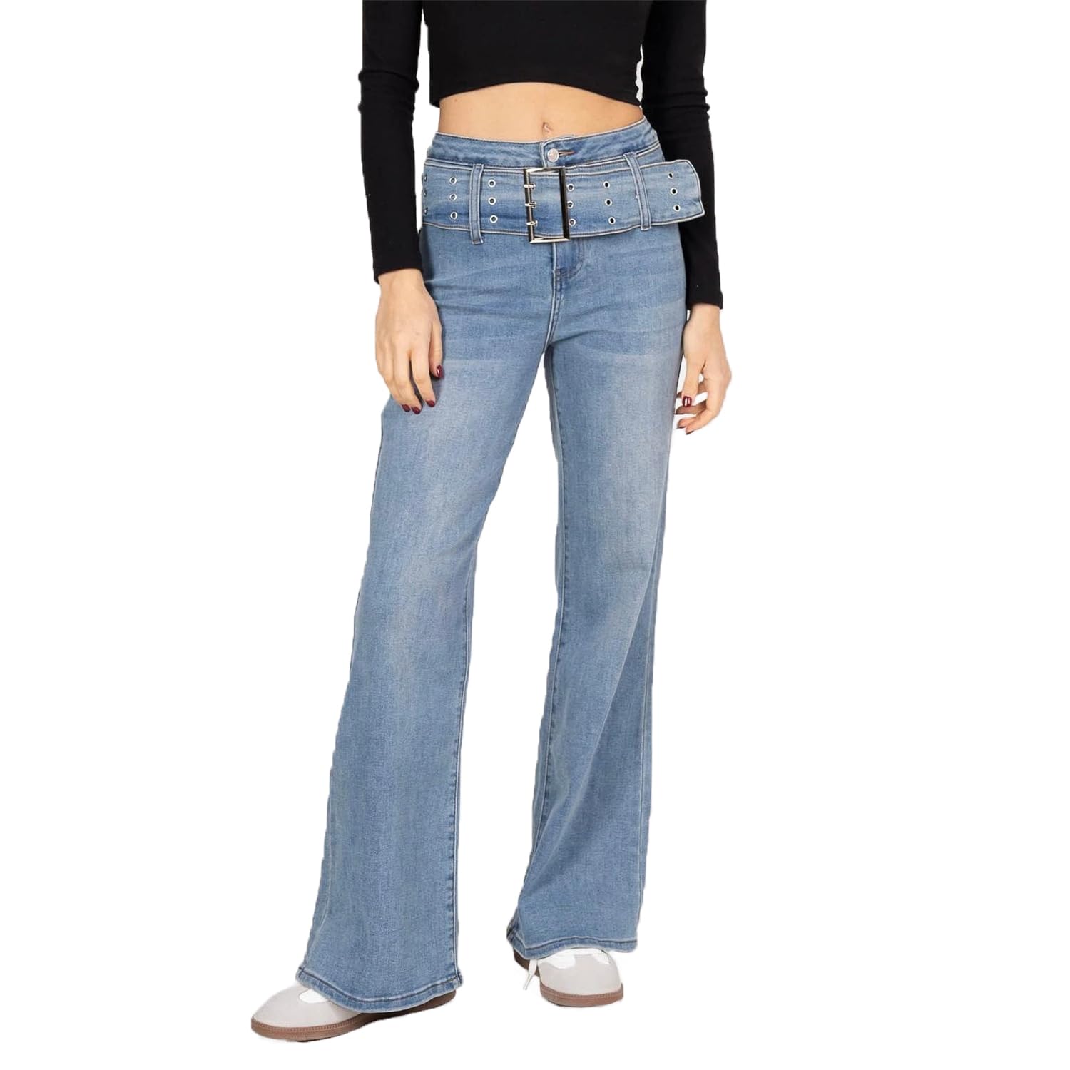 Glook Womens Wide Leg Jeans Mid Waist Stretch Bootcut Flare with Belt, Tummy Control Fit for Women UK (L, Blue 2)