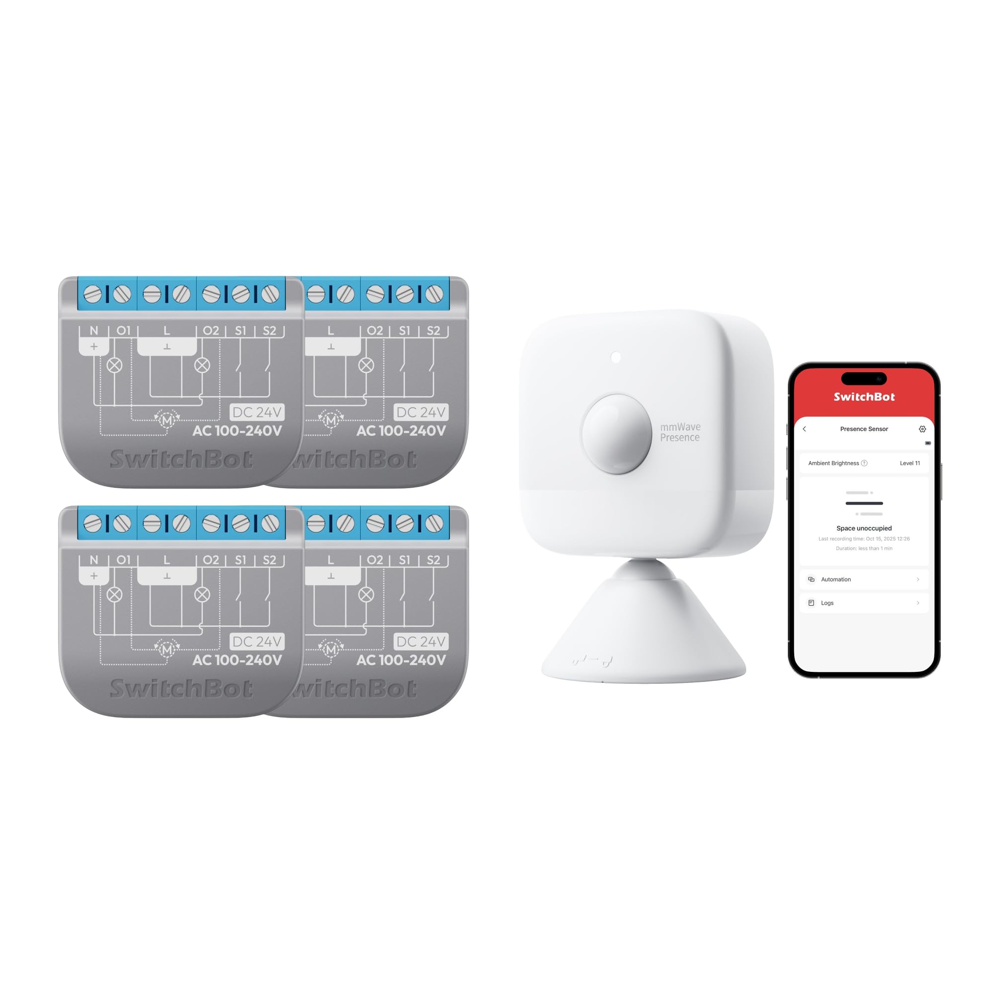SwitchBot Relay Switch 2PM 4er-Pack + Presence Sensor Bundle mit App-Szenen