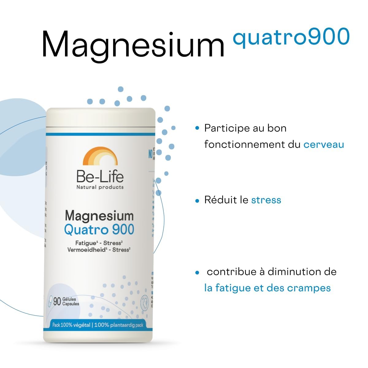 BE-LIFE | MAGNESIUM QUATRO 900 | Complément alimentaire | Fatigue & Stress | fonctionnement normal du système nerveux | vitamine B6 | 180 gélules