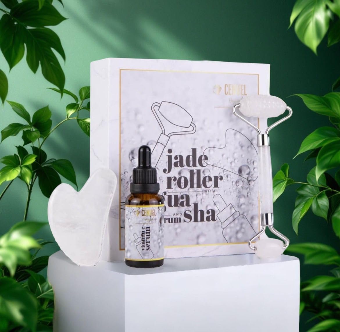 Juego de rodillo de piedra de jade de cristal 100% real y gua sha con suero de vitamina C, ideal para tratamiento de hinchazón de ojos, estiramiento de la piel, antienvejecimiento, rejuvenece cara y
