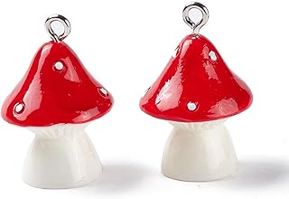 10 Pcs Opaque Mushroom with Polka Dots Resin Pendants, Pendants with Platinum Tone Iron Loops Red Mushroom with Polka Charms for Jewelry DIY Necklace Craft Making, 23~24x17mm, Hole: 2mm