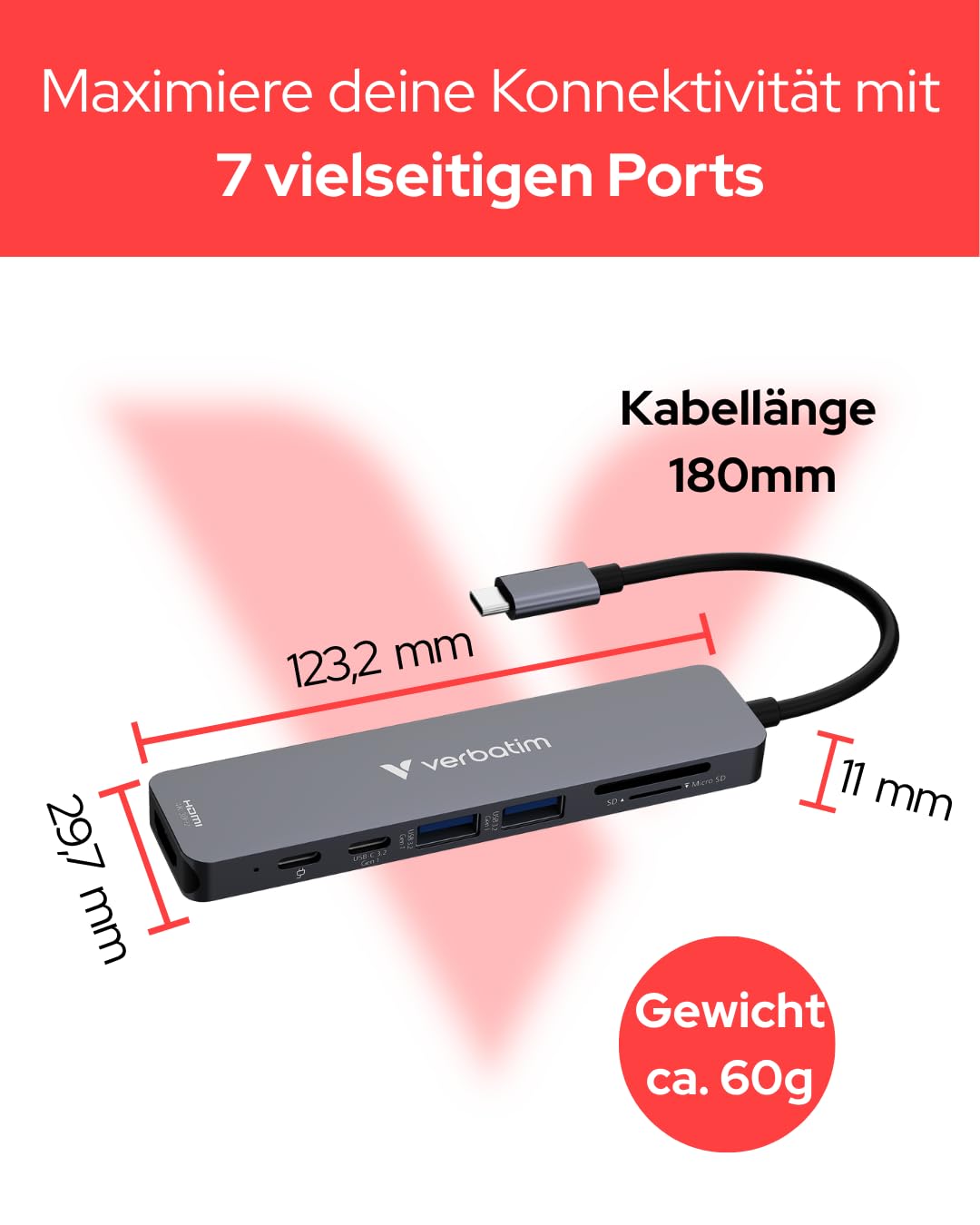 Verbatim USB-C Essentials Multiport Hub 7 Port HDMI PD 100W USB-C SD microSD