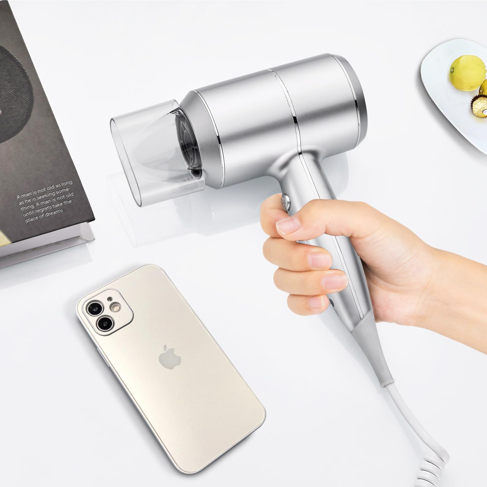 QL Asciugacapelli da Parete con Supporto e Porta USB,Phon per Capelli Muro con Ionico e ThermoProtect 2000watt,per Hotel Casa,Argento