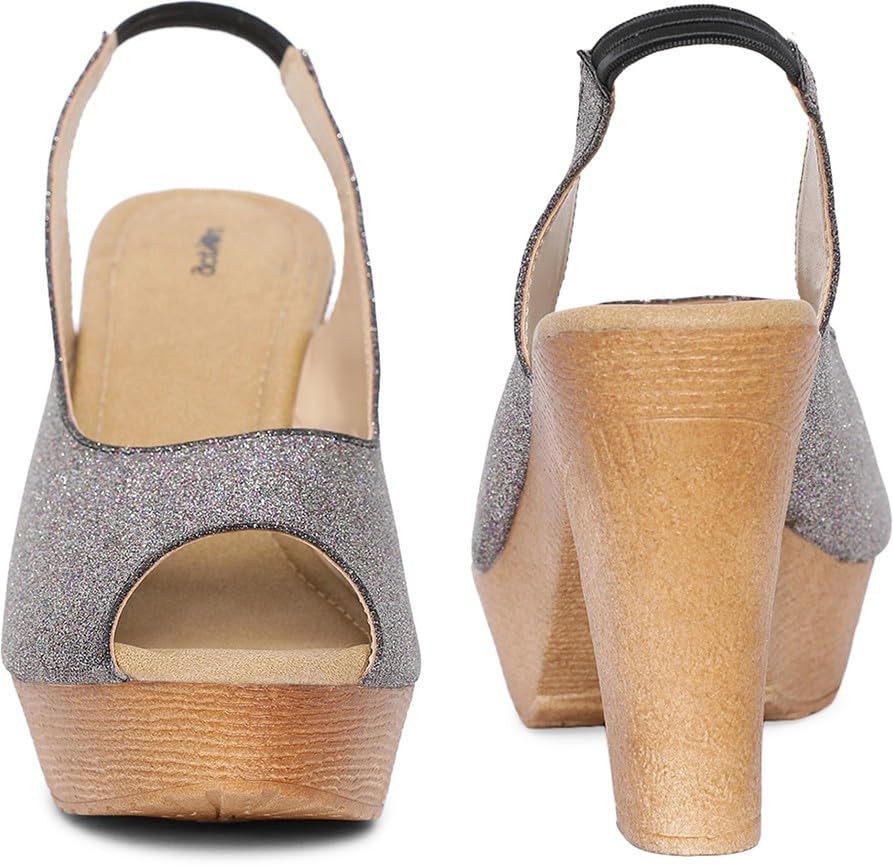 Image of Action Women's Platform Sandals| Block Heel| Glitter Embellished| Grey, Beige