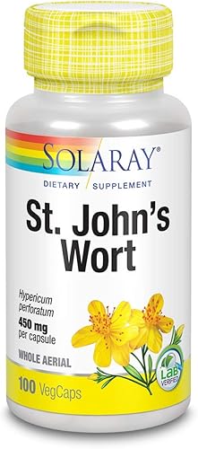 SOLARAY Hierba de San Juan Aerial 450mg  Apoyo a base de hierbas para el estado de ánimo, la salud del cerebro y un sueño saludable  100% vegano,
