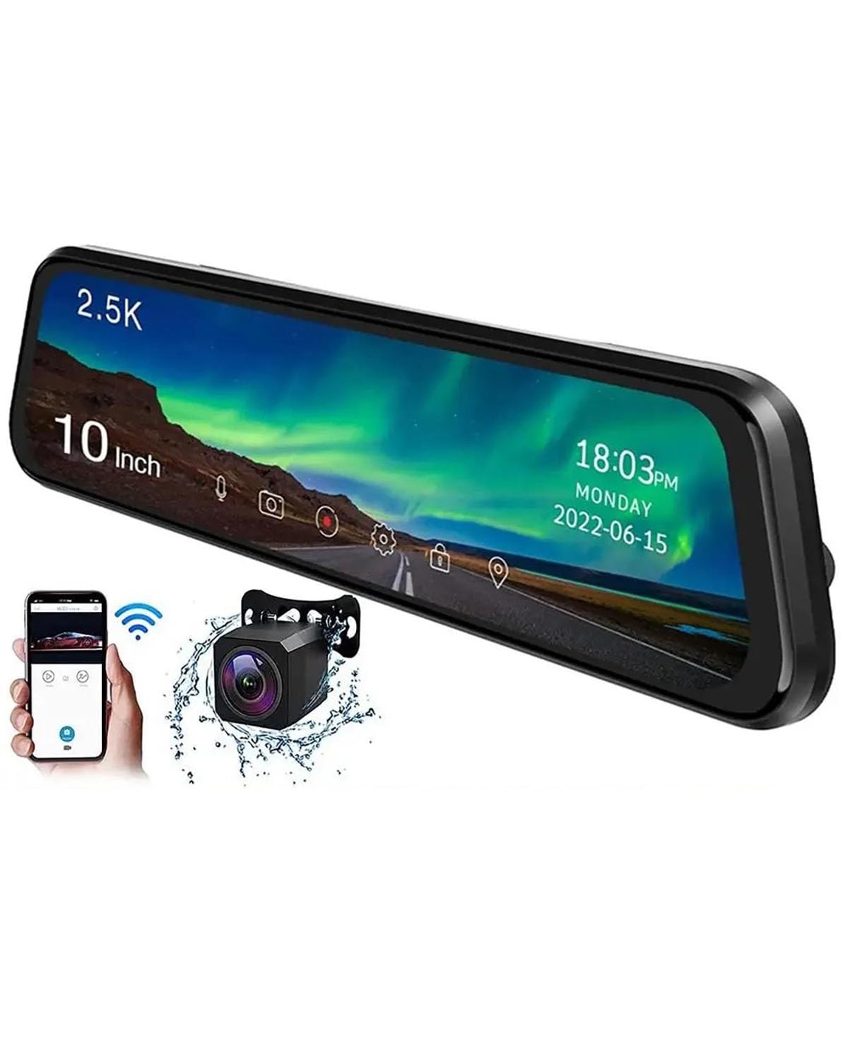 Dashcam Espejo DVR con WiFi Espejo Retrovisor para Coche Caja Negra Grabadora De Vídeo 2K Dash CAM Registrador Cámara De Visión Trasera Cámara Coche(6M Add PowerBox None)