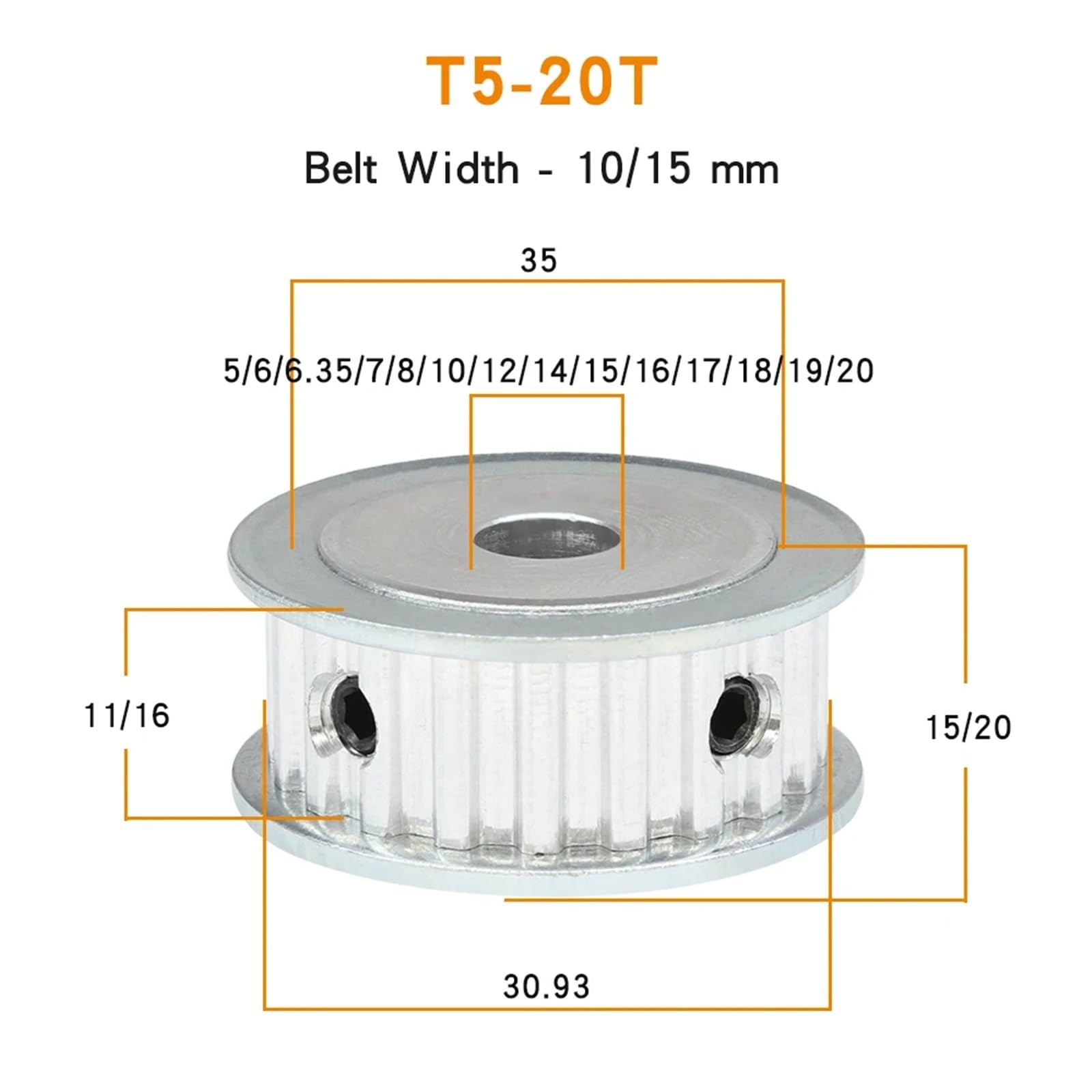 Engrenage T5-22T, alésage 5/6/6,35/7/8/10/12/14/15/16/17/18/19/20 mm, pas de dents 5 mm, 1 pièce(19 mm,11 mm)