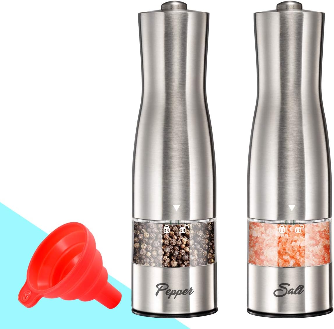 Premium Electric Stainless Steel Salt and Pepper Grinder Set, Battery Operated Pepper Mill Shaker with Adjustable Coarseness & LED Light & Bottom Cap, Collapsible Funnel Include