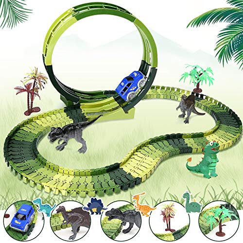 image for MOFIR Dinosaur Toys Race Tracks for Kids, 360° Route Race Car Flexibl