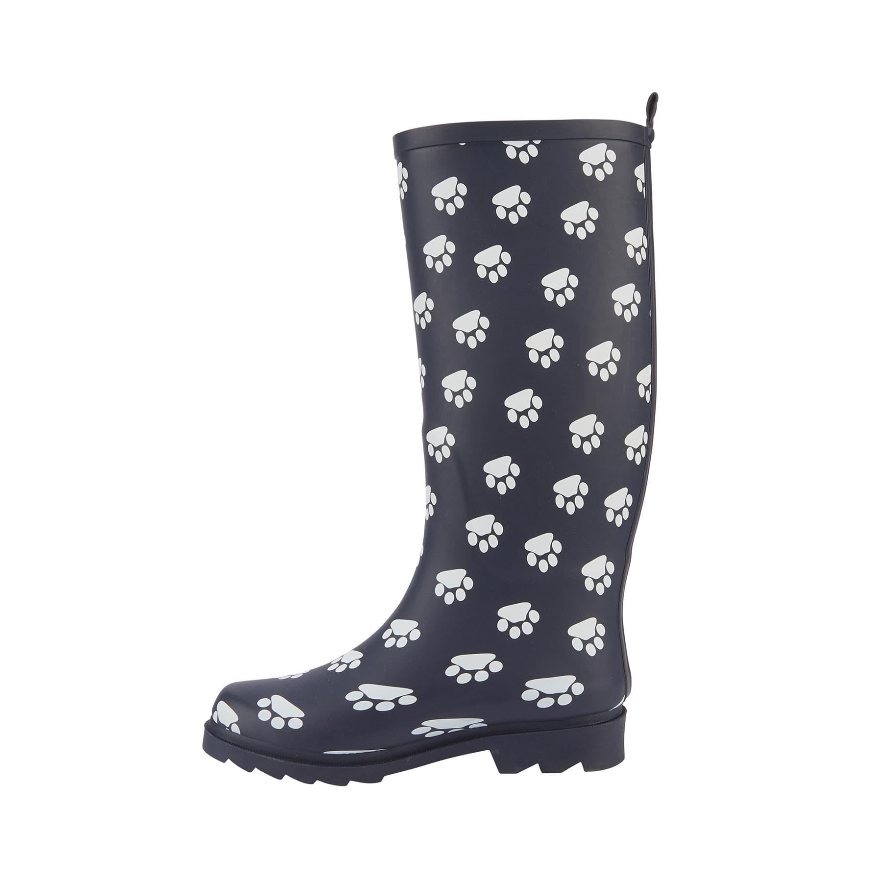 A2Z Botas de agua para mujer, impermeables, largas, con suela de goma, para jardín, festival, paseo de perro, estampado de patas azul marino, elegantes, cómodas, forradas, zapatos de mujer, talla 4 a