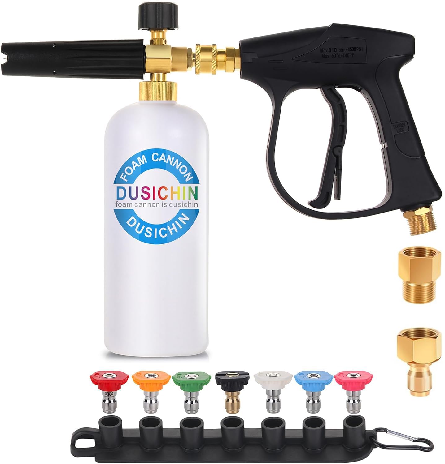 DUSICHIN Pressure Washer Gun Snow Foam Lance 7 Pressure Washer Nozzle tip 1/4 Inch Quick Connector Tip Holder 33 Oz 2 Brass Fitting M22-14 M22-15 and 3/8” for Vary Pressure Washer Hoses DUS-618