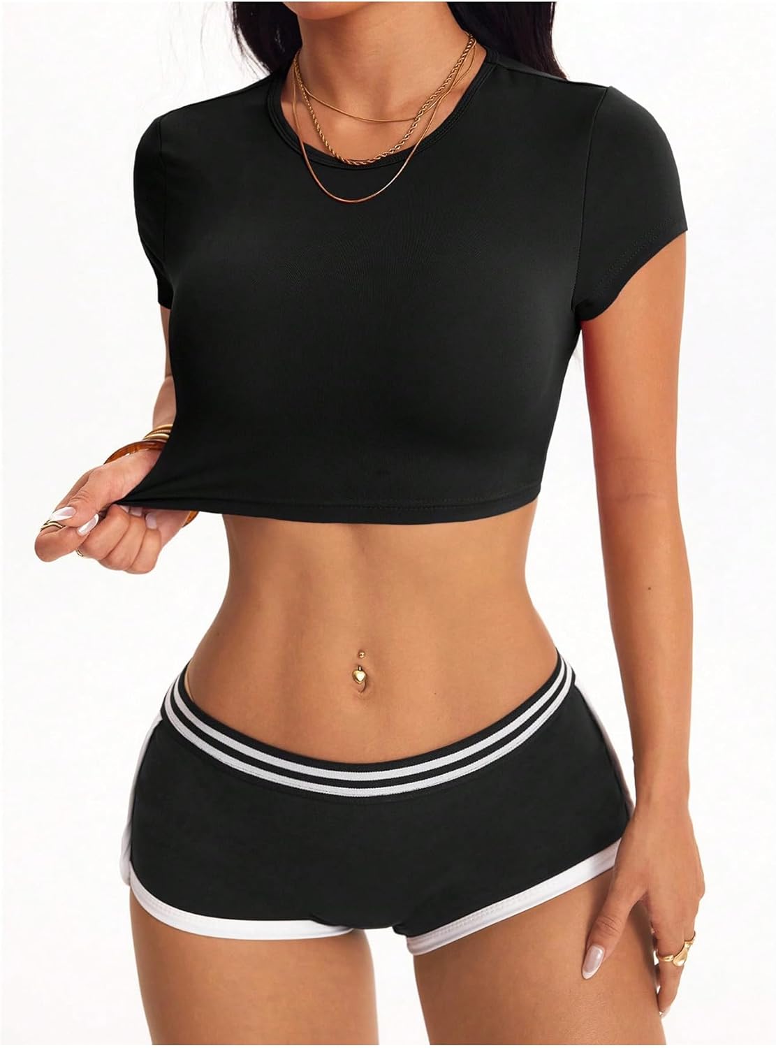 OYOANGLE Women's Short Sleeve Backless Workout Crop Top Crew Neck Fitted Yoga Gym Tight Shirts