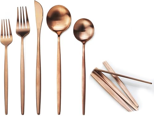 JASHII Juego de cubiertos de acero inoxidable de 20 piezas, juego de utensilios de cocina ligeros para 4, mango plano, juego de cubiertos para el