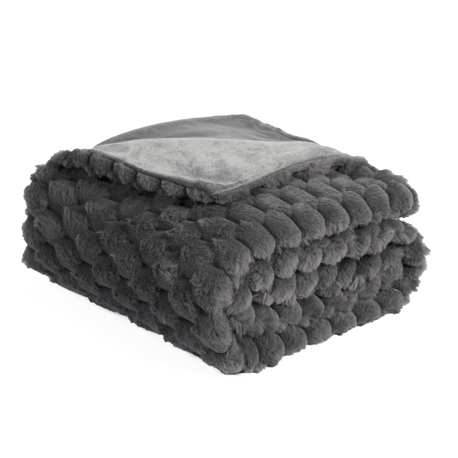 Ohs Girls Charcoal Faux Fur Waffle Throw Blanket, Thick Throws For The Sofa Winter Warm Blanket Ultra Soft Cosy Warm Sofa Throw Blankets For Bedroom Living Room, 125 X 150Cm