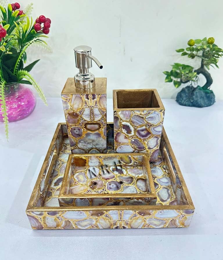 Classic Cuisine Wooden Bathroom Set (Pack of 4) Bathroom Organizer Countertop, Soap Dispenser and Toothbrush Holder Set, Vanity Tray for Bathroom