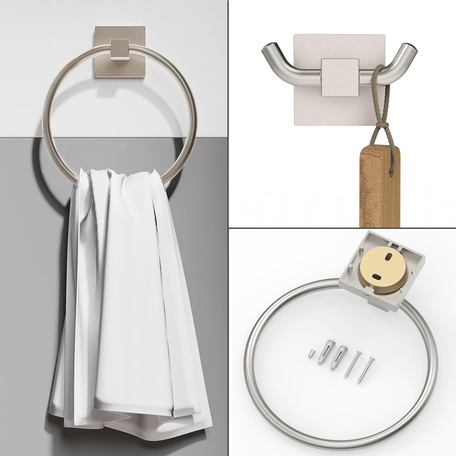 RUACQ Towel Ring for Bathroom 2pcs,Square Base Hand Towel Holder Hangers Wall Mount,Heavy Duty,Stainless Steel(Brushed Nickel)