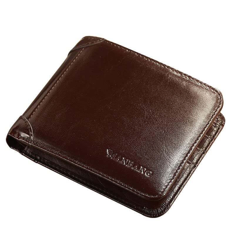 【Genuine Cow Leather】 Brand Men's Wallet Luxury Original Short Tri-Fold First Layer Cowhide RFID Blocking Purse Business Horizontal Fashion (Coffee)