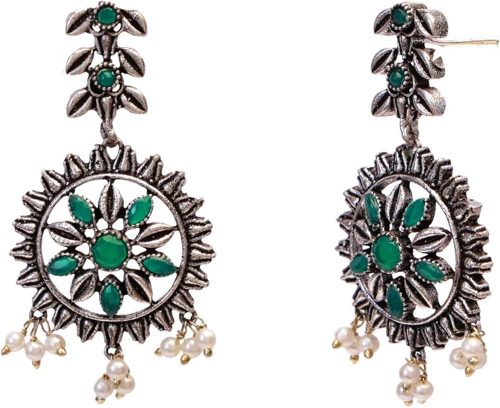 Efulgenz Oxidized Indian Jewelry Sets Oxidized Necklace Earrings Set Indian Oxidized Antique Boho Crystal Faux Pearl Round Leaf Floral Necklace Dangle Earrings Bohemian Statement Jewelry Set for Women
