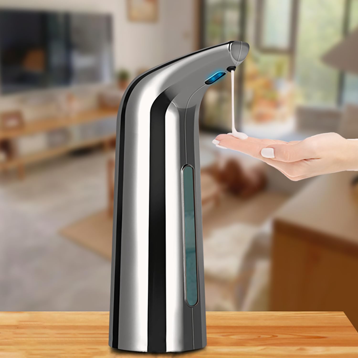 Distributeur automatique de savon, 4 niveaux réglables, pour cuisine et salle de bain, sans contact avec capteur de mouvement infrarouge, étanche, 400 ml/14 oz Argent