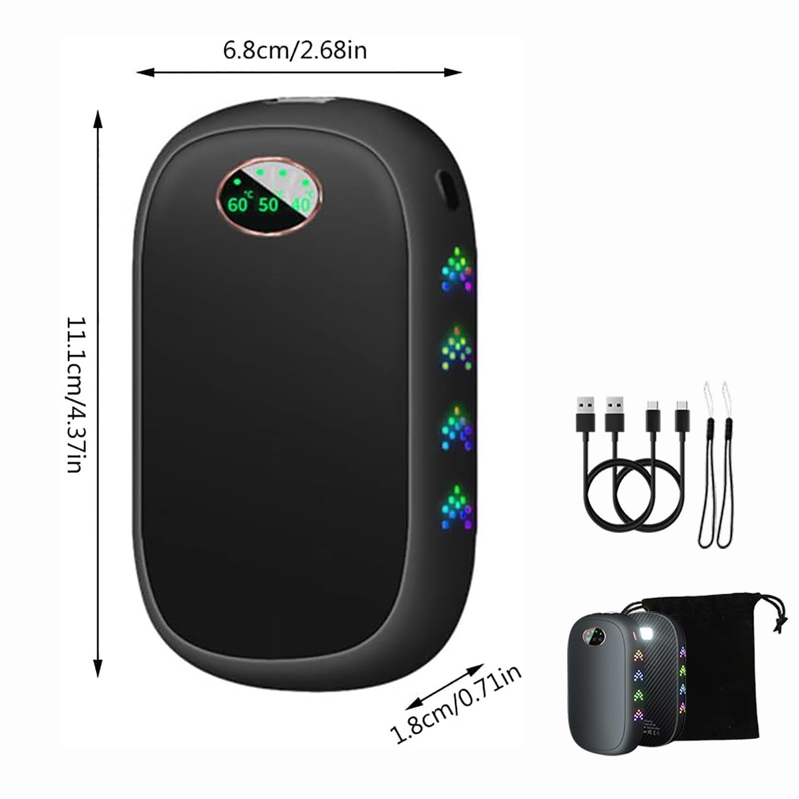 2 Confezioni di scaldamani riutilizzabili da 10000 mAh, scaldamani elettrici con 3 modalità di Riscaldamento con Luce Colorata per respirazione/Torcia elettrica, Regali per Uomini,