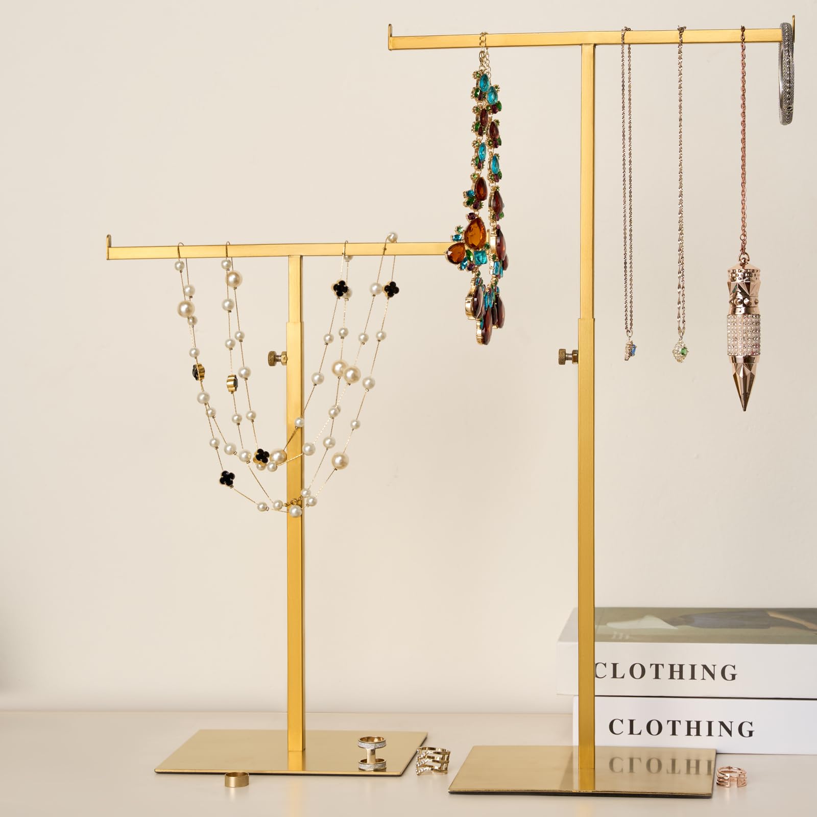 CHANJEYION Purse Display Stand Set of 2 Jewelry Tower Stainless Steel Jewelry Handbags Stand Tabletop for Necklaces Purse Hanger Stands Adjustable Height Organizer Home Store Boutique, Gold