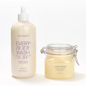 Josie Maran Sugar, Suds & Everything Nice Body Care Set - Includes EveryBODY Wash Now! and Argan Sugar Balm Body Scrub to Nourish & Exfoliate Skin - Berry Bliss 2 Count
