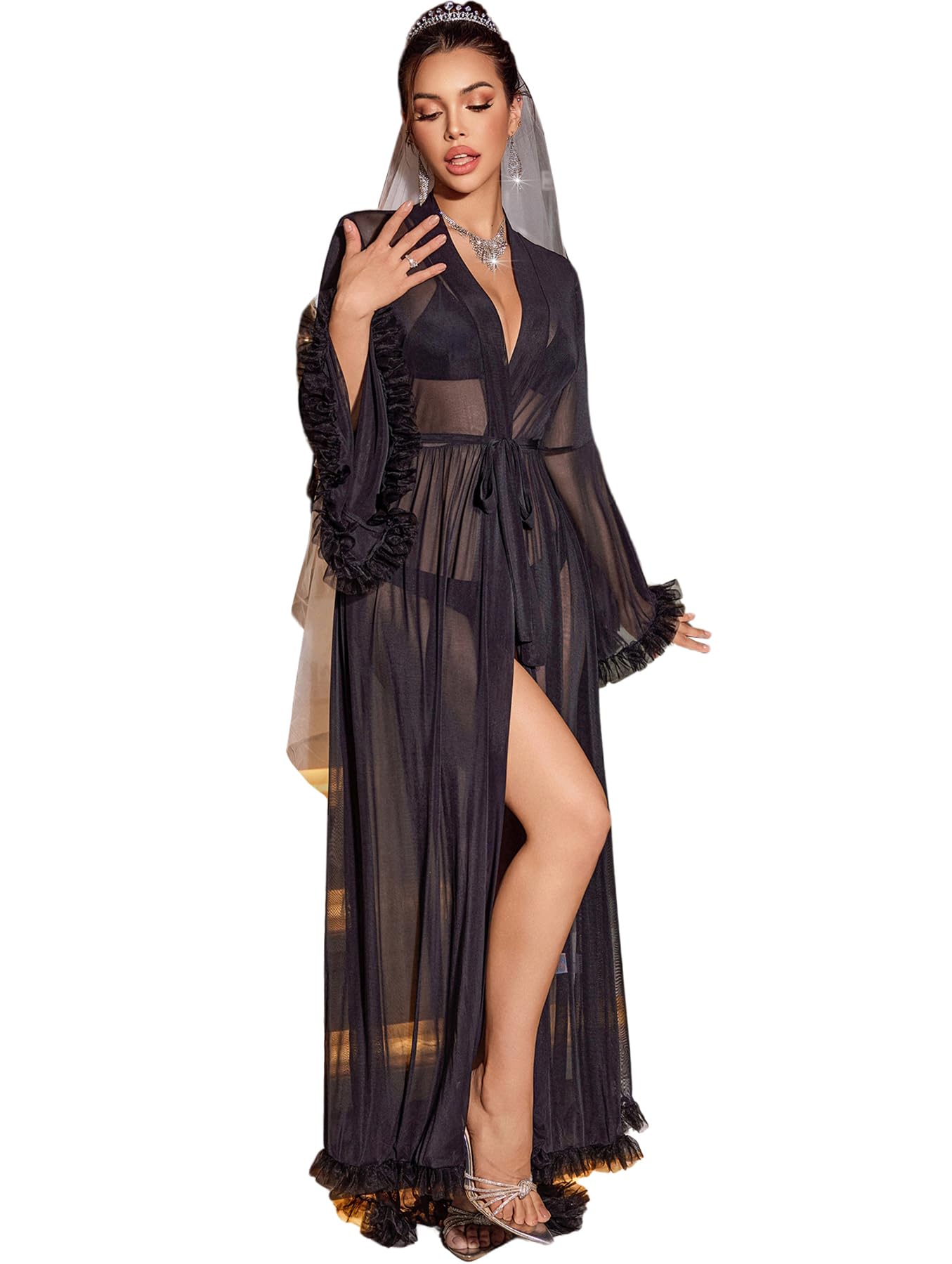 OYOANGLE Ruffle Trim Long Sleeve Sheer Mesh Robe