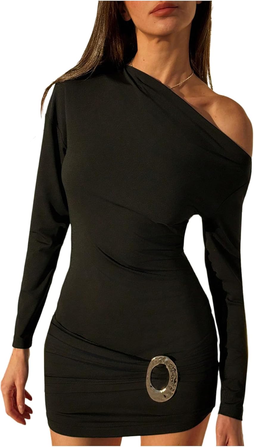 SOLY HUX Women's Off The Shoulder Mini Dress Long Sleeve Asymmetrical Neck Ruched Bodycon Dresses