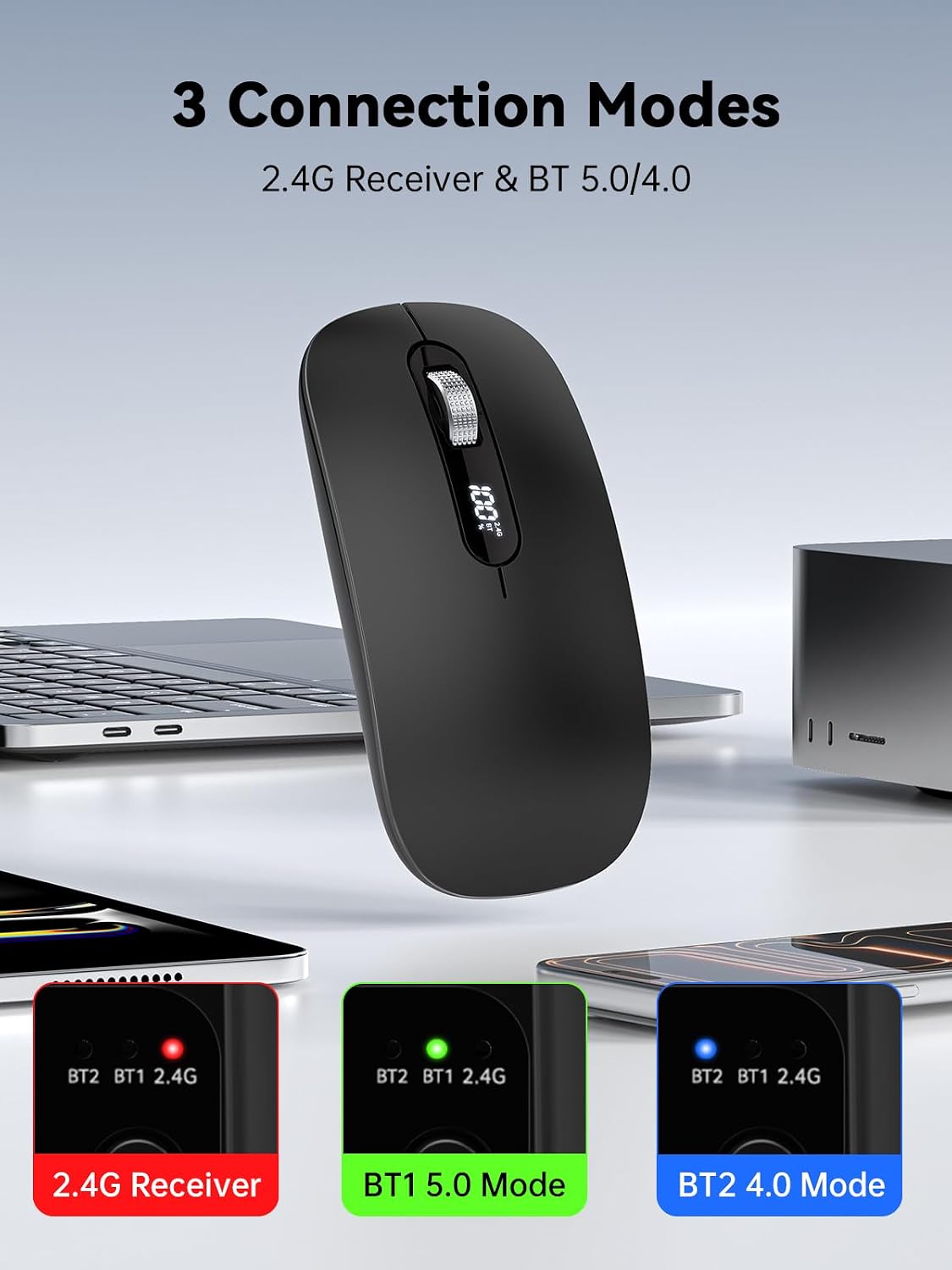 Wireless Bluetooth Mouse, BT5.0/4.0 & 2.4G Tri-Mode, Type-C Rechargeable with LED Screen Display, ilent Click for Laptop/PC/MacBook/Mac Air/iPad, Multi-Device & Office Use