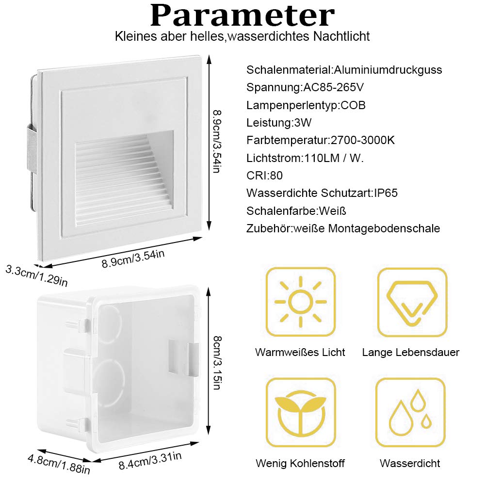 LED Treppenbeleuchtung Warmweiß 4er Set- Treppenlicht, IP65 Wasserdicht, 230V, 3W, Aluminuim(Weißes)