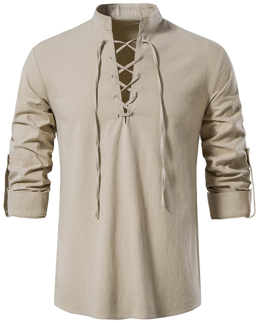 PADOLA Camisa Medieval de Lino para Hombre Camisa Retro con Cordón Henley Camisas Estilo Hippie Traje de Pirata