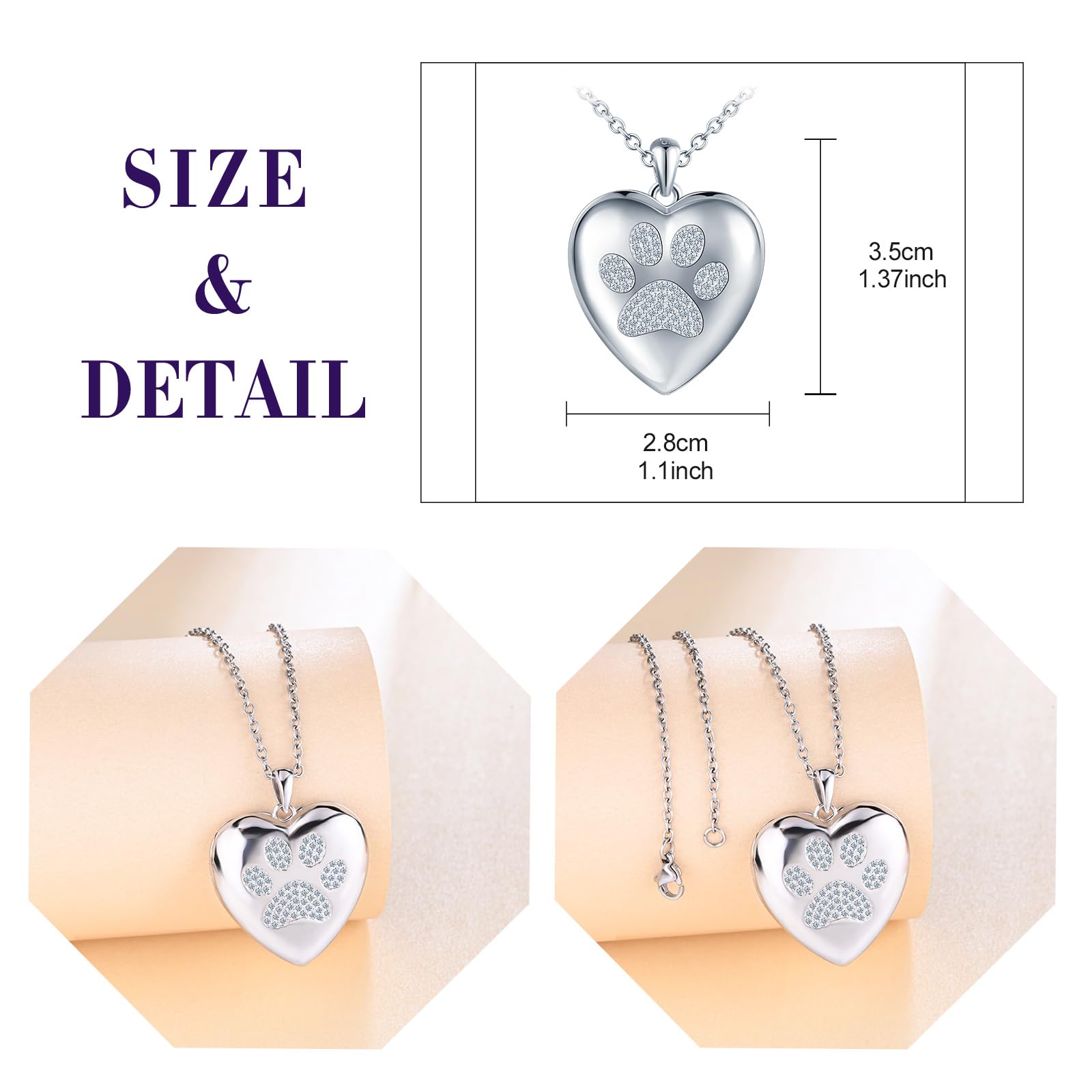 Collana da donna in argento 925, con ciondolo a forma di cuore, ciondolo a forma di cuore, con impronta di cane e zirconi, medaglione con foto