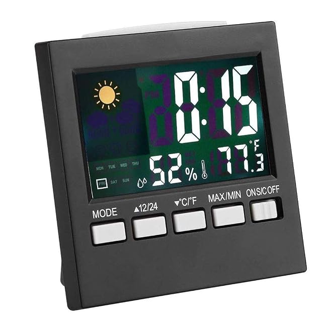 Wall Clock Indoor Outdoor Thermometer Hygrometer with Color Screen Weather Forecast Alarm Clock Temperature Alarm Adjustable Bright