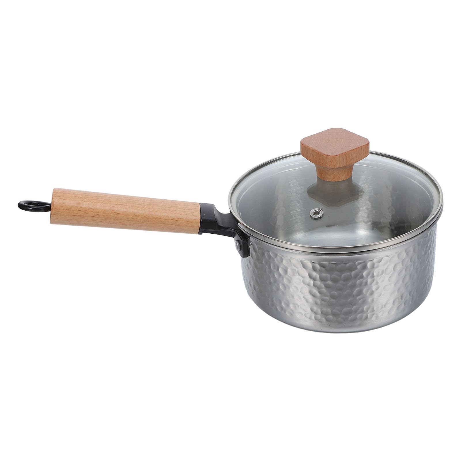 Cabilock Pentola Piccola in Acciaio Inox con Manico in Legno e Coperchio in Vetro, Superficie Martellata Esterna e Interno Liscio Antiaderente per Cucinare e Cuocere al Forno