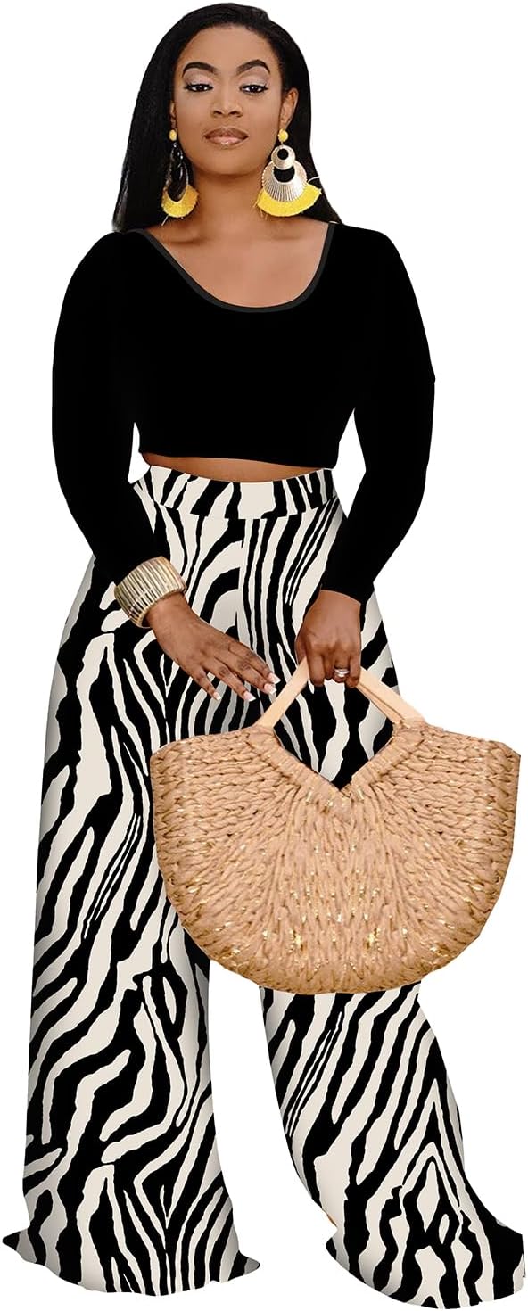 2 Piece Outfits for Women Sexy Backless Long Sleeve Crop Top High Waist Wide Leg Long Pant Sets Tracksuit Printed Set - Image 2