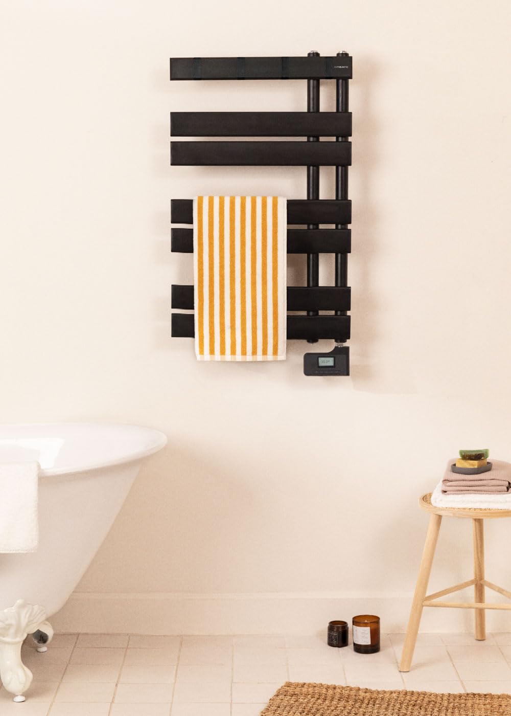 CREATE / Warm Towel Modern/Porte-Serviettes électrique Noir / 80x50 cm / 2 en 1, 6 Modes de Fonctionnement, écran LCD, minuterie jusqu'à 24h, 400W