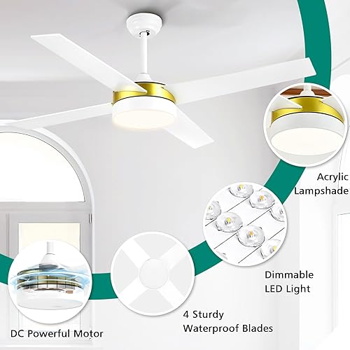 Miniatura 7 de YITAHOME Ventiladores de techo de oro blanco de 52 pulgadas con luz y control remoto, ventilador regulable para interiores y exteriores, moderno