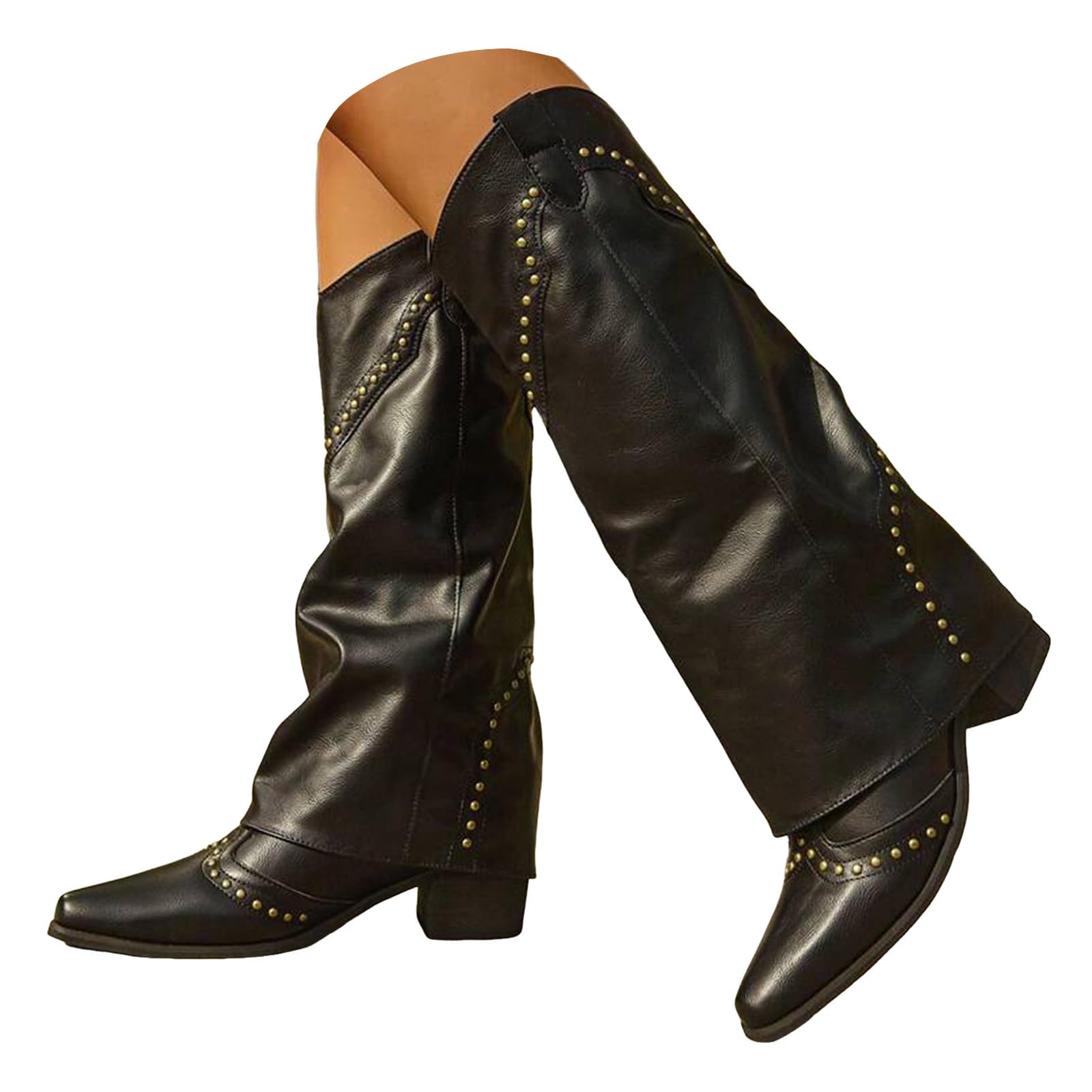 Damskie buty do kolan, vintage, nity, wysokie wsuwane, kowbojskie buty z klapą, obcas blokowy, szpiczaste, buty westernowe, długie buty zimowe