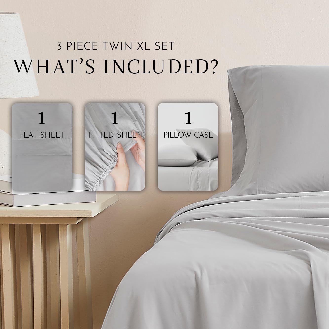 Linen Closet Luxury Cotton 144 Thread Count Organic Cotton 3-Piece Sheet Set,Twin XL, Light Grey - Image 2